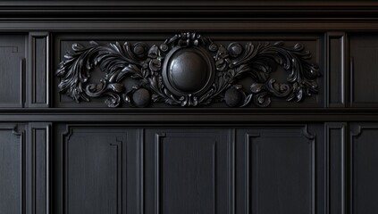 Dark wood paneling with ornate carvings.