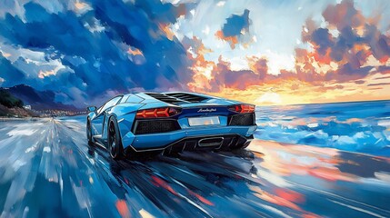 A vibrant, stylized illustration of a supercar driving along a coastal road at sunset, with dynamic motion blur, dramatic clouds, and a sense of speed and freedom.