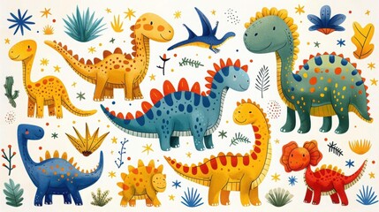 Colorful cartoon dinosaurs surrounded by plants and foliage.