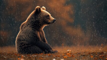A bear sitting on the ground, looking sideways, against a blurred background of an open field in autumn with low light and raindrops falling from above