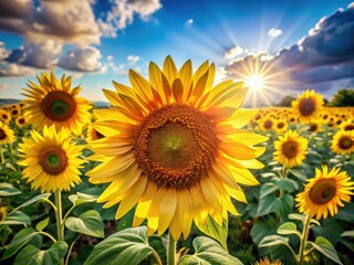 Sunflowers Panorama: Vibrant Yellow Close-Up, Sunny Day Field, Summer Blooms, Nature Photography