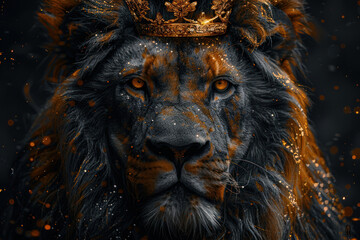 Naklejka premium lion with crown, grayscale, portrait, realistic style, dark background, golden highlights,. 