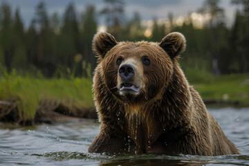 Obraz premium brown bear against the background of a lake,. 