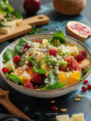 A vibrant salad bowl featuring fruits, greens, and cheese, showcasing freshness and health.