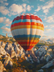 Obraz premium A colorful hot air balloon floats above a scenic landscape with unique rock formations.