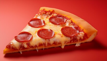 A cheesy pepperoni pizza slice on a red background.