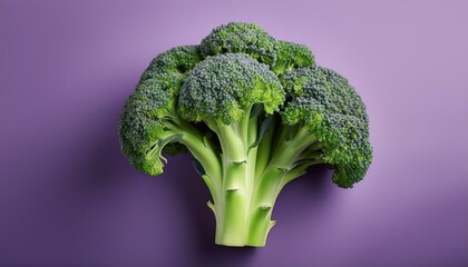 Vibrant green broccoli head against a rich purple backdrop.