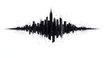 Abstract watercolor skyline, bold black vector details creating urban charm, isolated against pure white background