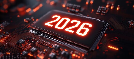 Obraz premium Abstract Close-Up of Processor With Illuminated 2026 Text, Symblising Technological Evolution