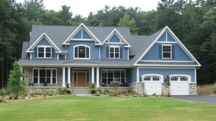 American Dream Home Blue Two-Story Suburban House with Stone Accents and Three-Car Garage