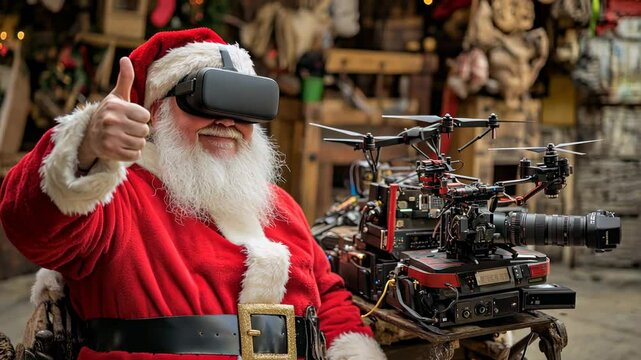 Santa enjoys vr adventure with drone technology in holiday workshop