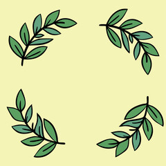 A design featuring four green decorative leaves symmetrically placed on a pastel background