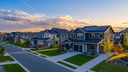 Suburban street with modern houses at sunset.