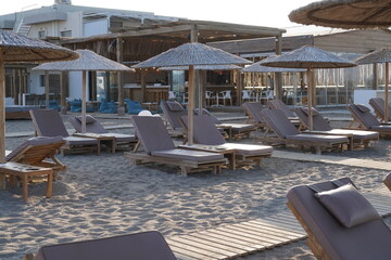 sunbeds and loungechairs on Ammoudara beach , Heraklion 