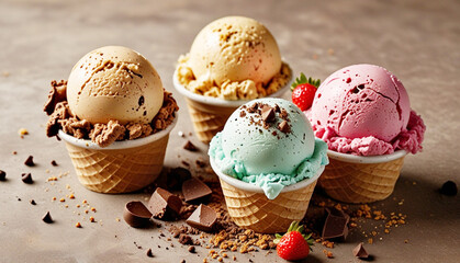 Colorful ice cream scoops in a variety of flavors, including chocolate, vanilla, and strawberry, are beautifully arranged, surrounded by chocolate chips and crumb. Generative AI