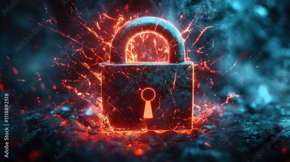 Poster email security breach broken padlock symbolizing cyber threats and importance of robust security mea