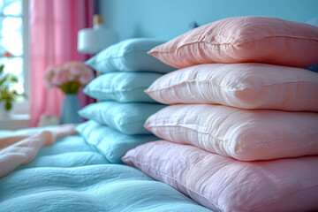 Close-up of a pile of bed linen, pillows, blankets in pink pastel colors..   