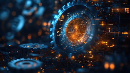 A blue background with gears and binary code, representing machine learning in digital marketing