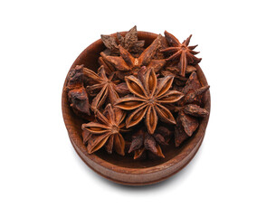 Bowl with aromatic star anise on white background