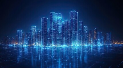 A blue hologram of a modern high-rise building on a dark background, representing construction and engineering