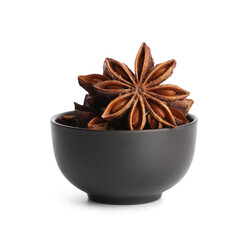 Bowl with aromatic star anise isolated on white background