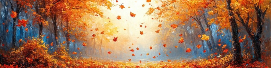 Autumn Falling Maple Leaves Vibrant Background with Colorful Foliage and Soft Golden Light