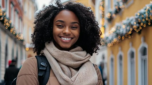 Festive stroll: smiling woman enjoying holiday decorations on a winter street