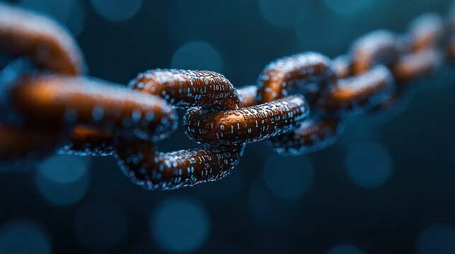 A broken chain symbolizing a breach in the blockchain, set against a blue background with binary code and network security symbols