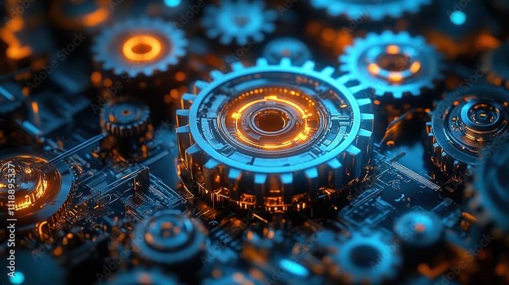 Poster interconnected gears and circuitry representing technology business synergy and process efficiency