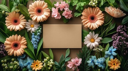 A brown card with Hello June is surrounded by pastel-colored spring flowers