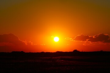 オレンジ色の河川敷の夕方　秋の風景