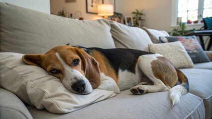 Beagle lying on a couch, cozy pet moment.