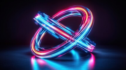 Abstract neon light rings intersect.