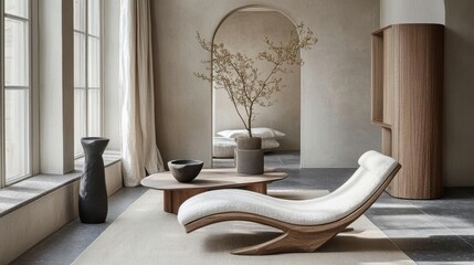 A serene interior featuring minimalist furniture and natural elements.