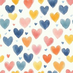 Cute Seamless Hand-Drawn Watercolor Heart Pattern in Rainbow Colors for Children Fabric and Wallpaper