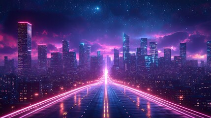 A cartoon-style cityscape glows with purple neon lights, illuminating the road and buildings under the moonlight, creating a vibrant urban scene