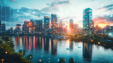 Vibrant cityscape at sunset, reflecting on calm water, with digital network overlay.