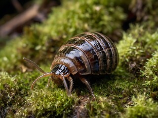 Pillbug On Moss In A Forest Setting
