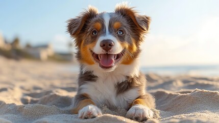 A cheerful Australian shepherd enjoying a day at the beach, running along the sand