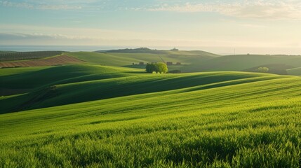 Fototapeta premium A view of a rolling green field with a cargo ship in the distance representing the connection between agricultural production and global trade and the influence of transportation