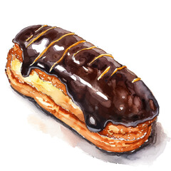 A watercolor drawing of a chocolate éclair, isolated on a white background. Chocolate éclair vector.