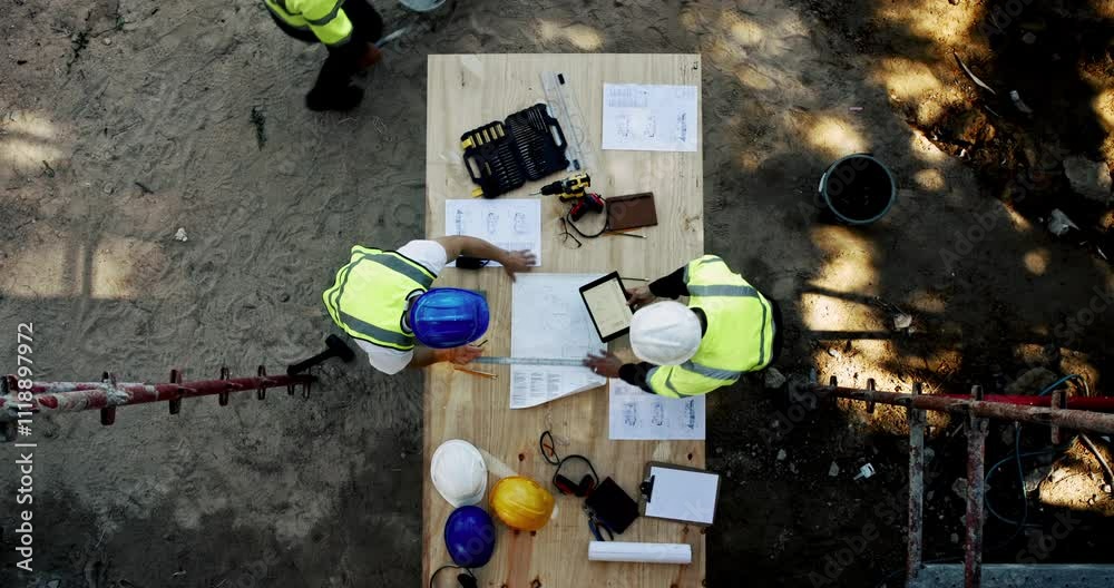 Poster construction, architect team and people with handshake for greeting, meeting or above. engineer, gro