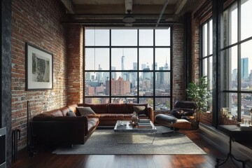 Modern loft with large windows showcasing a city skyline view.