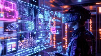 Augmented reality scene of IT specialist studying cybersecurity in high-tech setup.
