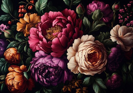 luxurious botanical floral illustration vibrant peonies roses elegant botanical art rich hues dramatic lighting botanical print high resolution