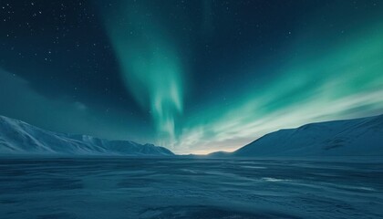 Fototapeta premium Stunning aurora borealis illuminating a serene, snowy landscape.