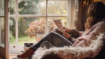 Woman relaxing at home, reading a letter by the window.