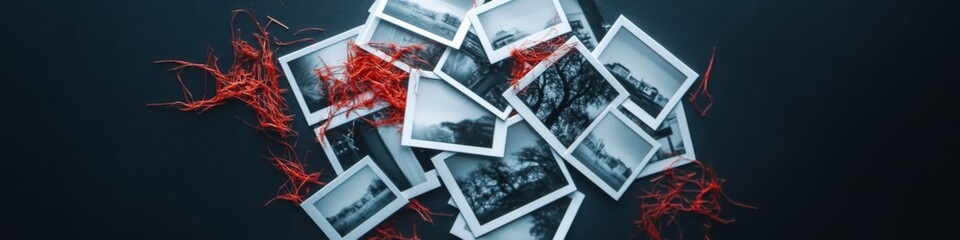 Collection of vintage black and white photographs with red thread on a dark surface in an artistic arrangement