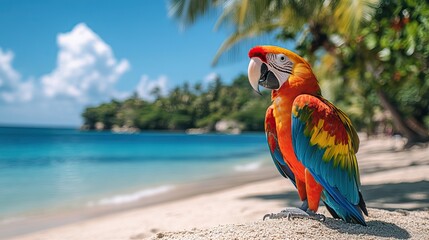 A colorful parrot perches on a sandy beach, with swaying palm trees and clear blue waters completing the tropical scene