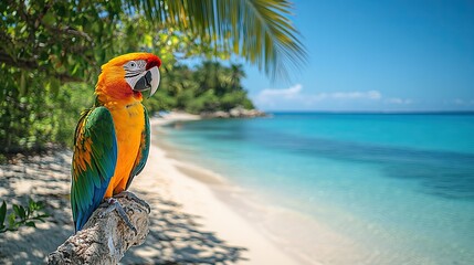 A colorful parrot perches on a sandy beach, with swaying palm trees and clear blue waters completing the tropical scene